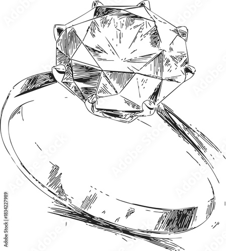 Diamond ring sketch, hand drawn solitaire gemstone on simple band. Vector illustration