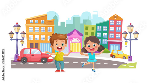 A cheerful cartoon boy and girl exploring a bright and colorful city street, surrounded by quirky buildings, smiling vehicles, animated streetlights, and floating signs, full of playful energy.