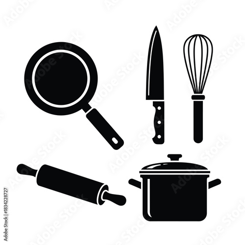 Black Silhouettes of Kitchen Utensils and Cookware kitchen, cooking, utensils