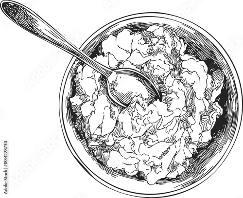 Bowl of cereal with spoon sketch, hand drawn breakfast food top view. Vector illustration