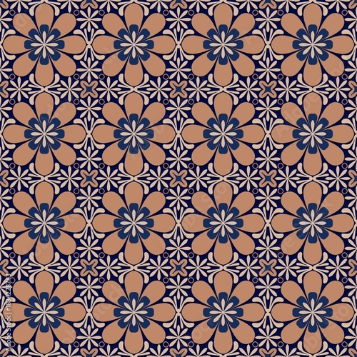 seamless damask pattern,orange, blue curves ,painted create to flowershape, leaves, navy blue background in geometric patterns as sarong,fabric,tile,printed fabric,batik,tablecloth patterns.