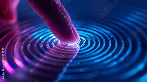 Finger touching water surface creating concentric ripples with blue and purple light.