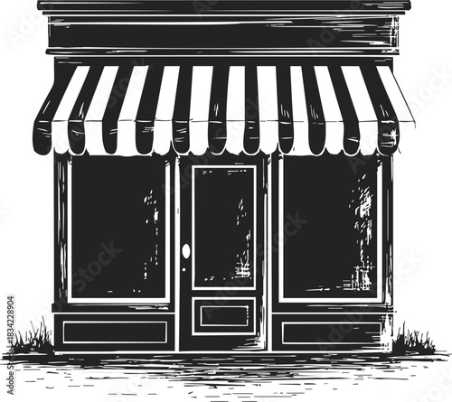 Storefront sketch hand drawn with striped awning and glass door. Vector illustration