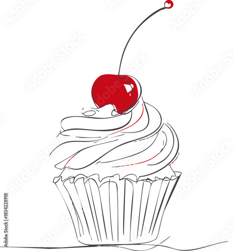 Cupcake sketch hand drawn with cherry on top and swirl frosting. Vector illustration