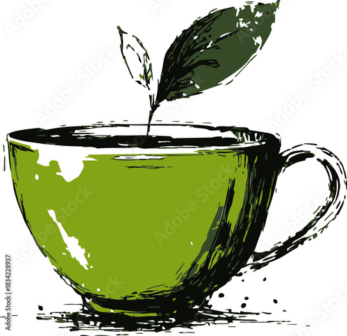 Green tea cup sketch with tea leaves, hand drawn style. Vector illustration