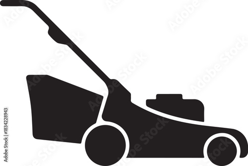 Black lawnmower vector icon representing gardening equipment and outdoor yard work on a solid background