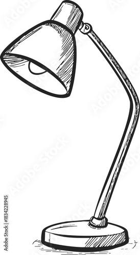 Desk lamp sketch hand drawn with adjustable arm and round base. Vector illustration