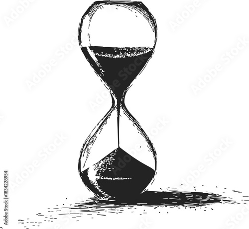 Hourglass sketch hand drawn style with sand flowing and shadow. Vector illustration
