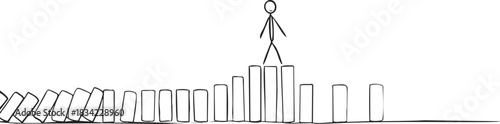 Stick figure standing on top of upright dominoes, sketch hand drawn style. Vector illustration