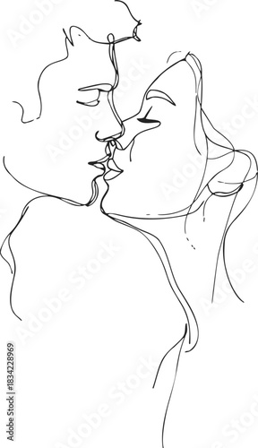 Couple kissing sketch, hand drawn minimalist line art, romantic intimate moment. Vector illustration