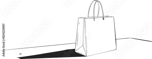 Shopping bag sketch hand drawn with long handles and cast shadow on floor. Vector illustration