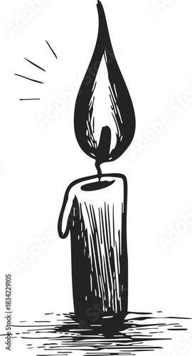 Candle sketch hand drawn with burning flame and melting wax. Vector illustration