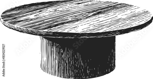 Round dining table sketch, hand drawn wood texture and cylindrical base. Vector illustration