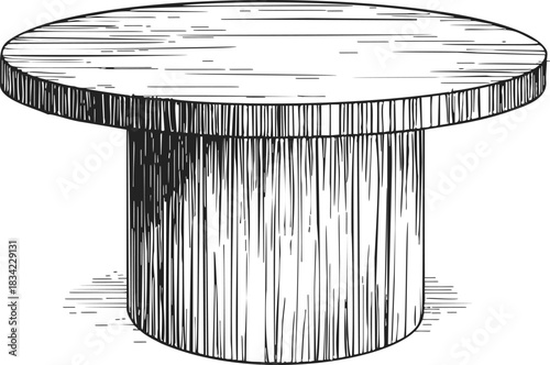 Round dining table sketch, hand drawn style with cylindrical pedestal base. Vector illustration