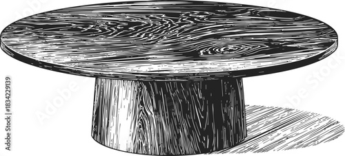 Round wood dining table sketch, hand drawn rustic pedestal base. Vector illustration