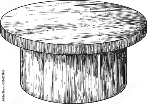 Round wood dining table sketch, hand drawn rustic style with thick pedestal base. Vector illustration