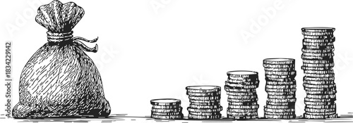 Money bag sketch with stacked coins increasing in height, hand drawn style. Vector illustration