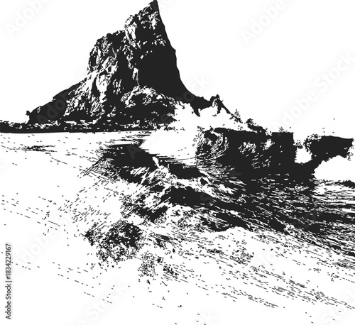Rock formation with ocean waves, sketch hand drawn coastal landscape. Vector illustration
