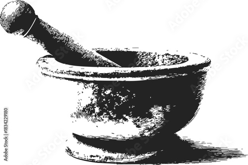 Mortar and pestle sketch, hand drawn kitchen tool with rustic texture. Vector illustration