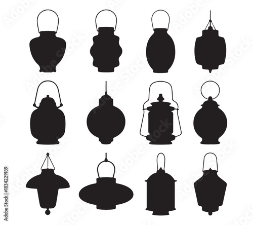  Collection of twelve diverse silhouette lanterns and lamps for decorative design elements