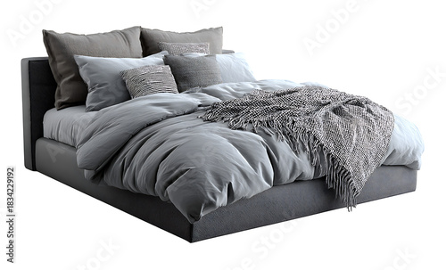 Modern Cozy Bed with Pillows and Blanket – Interior Design Bedding PNG Isolated