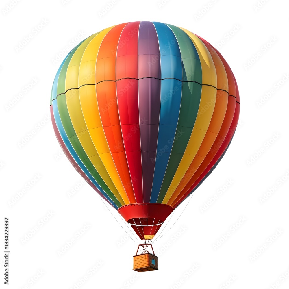 Fototapeta premium A vibrant, fullsized hot air balloon featuring a striking rainbow pattern of vertical stripes, suspended with its wicker basket underneath, isolated on white background
