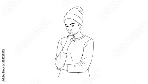 Vector illustration of a person thinking, minimalist black and white line art, clean outlines, isolated on white background, simple thoughtful pose