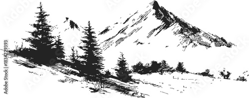 Mountain landscape sketch, hand drawn pine trees on hillside with distant peak. Vector illustration
