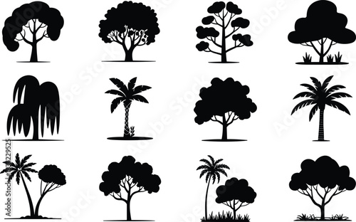 Set of Twelve Diverse Black Silhouette Tropical and Deciduous Trees Vector Icons, Illustrating Nature, Palm, Willow, Landscape Design, Environment, and Exotic Flora
