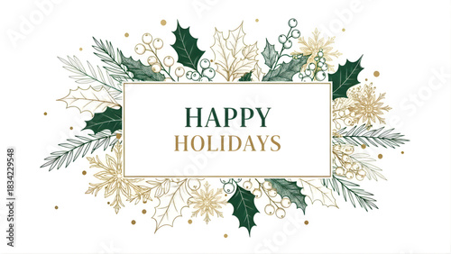 Festive Greetings: An elegant holiday greeting card featuring delicate gold and green botanical accents, embodying the spirit of celebration and joy.