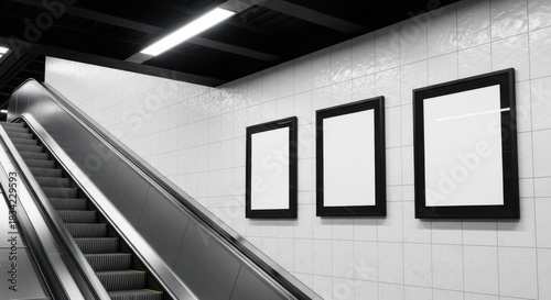 Fototapeta Naklejka Na Ścianę i Meble -  Subway escalator with blank advertisement frames on tiled wall