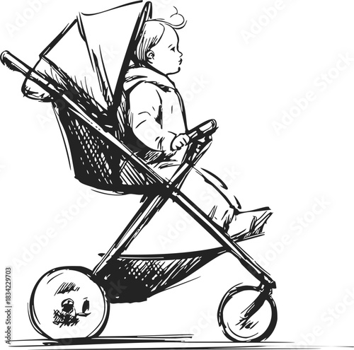 Baby stroller sketch hand drawn with child sitting, side view. Vector illustration