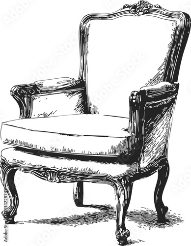 Antique armchair sketch, hand drawn vintage style with ornate wood frame. Vector illustration