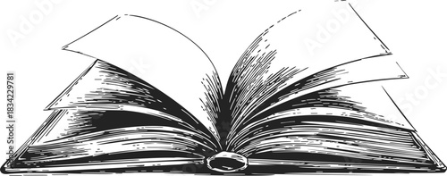 Open book sketch hand drawn style with flipping pages. Vector illustration