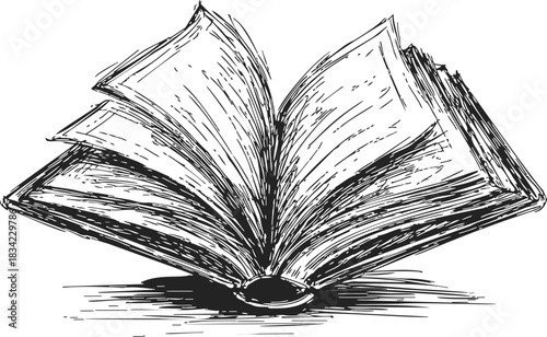 Open book sketch hand drawn style with detailed pages and textured lines. Vector illustration