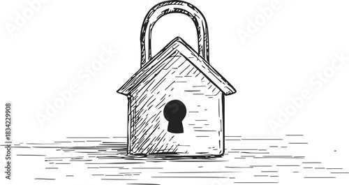 Padlock shaped like house sketch, hand drawn security concept. Vector illustration
