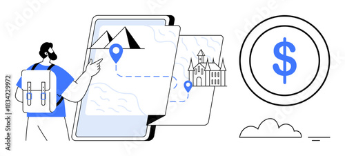 Travel planning. A traveler with a backpack navigates a digital map landmarks, highlighting travel planning. Travel includes route maps, destinations, and cost planning. Perfect for tourism, apps