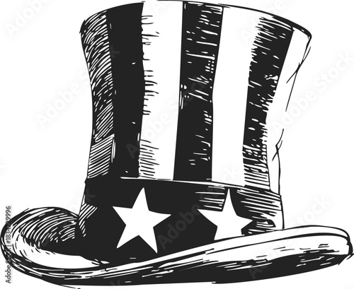 Uncle Sam hat sketch hand drawn with stars and stripes patriotic theme. Vector illustration