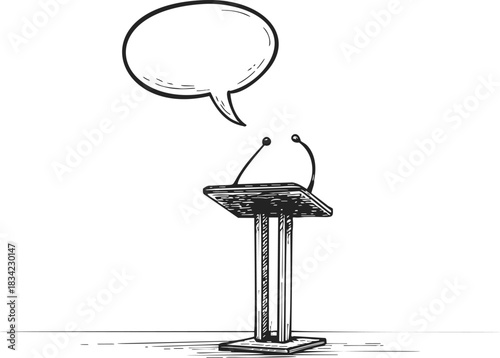 Podium with microphones and speech bubble, sketch hand drawn style. Vector illustration