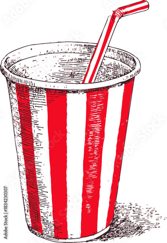 Red and white striped cup with straw, sketch hand drawn style. Vector illustration