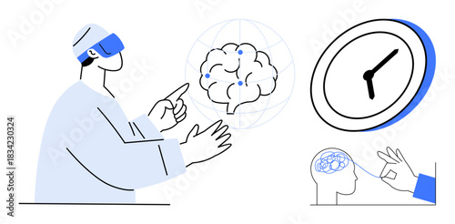 Virtual reality, neuroscience, time management, cognitive research, futuristic technology, medical advancements. A figure using VR headset, a brain with network highlights and a clock. Virtual