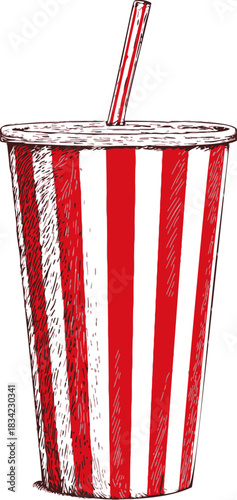Soda cup sketch hand drawn with red and white stripes and straw. Vector illustration