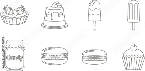 Outline of sweet treats cupcakes cake ice cream macarons and candy jar