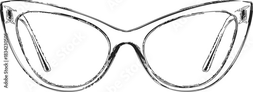Cat eye glasses sketch, hand drawn vintage eyewear frame with upswept corners. Vector illustration