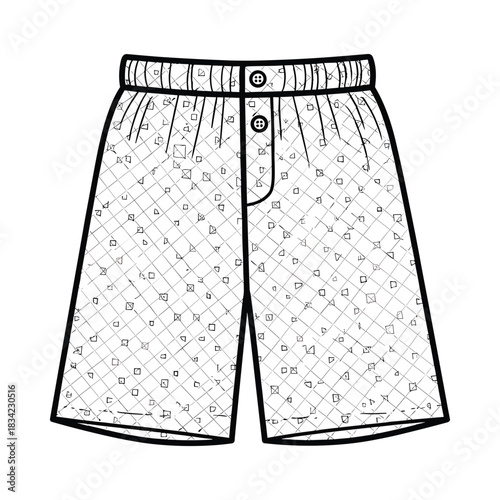 Hand drawn sketch of patterned boxer shorts with elastic waistband and button fly