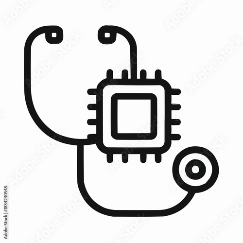 Line icon of a stethoscope wrapped around a microchip — AI in medicine, black on white, square minimalist style