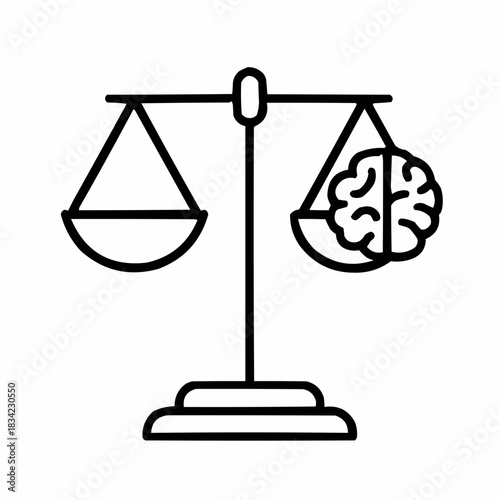 Line icon of scales with digital brain — AI ethics, black on white, square minimalist style