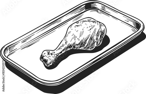 Chicken drumstick sketch on metal tray, hand drawn black and white food illustration. Vector illustration