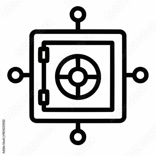 Line icon of a vault door with blockchain nodes, black on white, square minimalist style