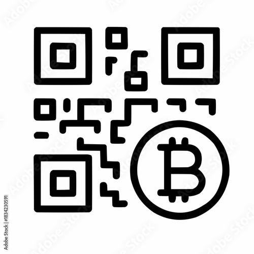 Line icon of a QR code with coin symbol, black on white, square minimalist style